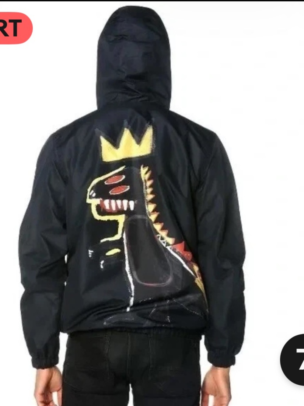 Members Only Black Hooded Windbreaker with Painted Dino & Crown Graphic